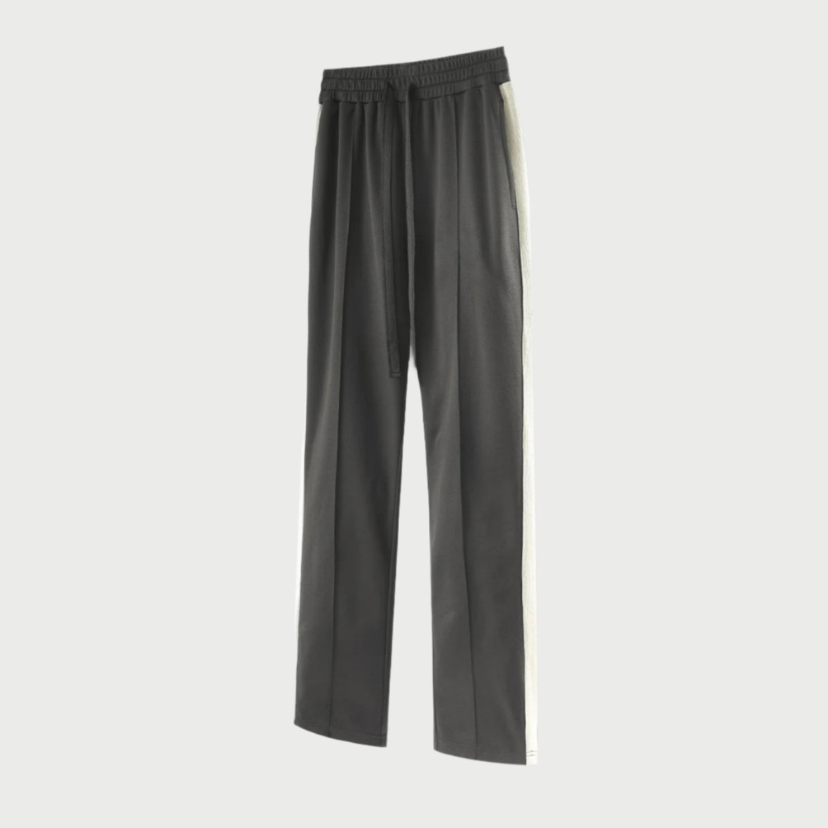 Black wide-leg pants with white side stripe and drawstring