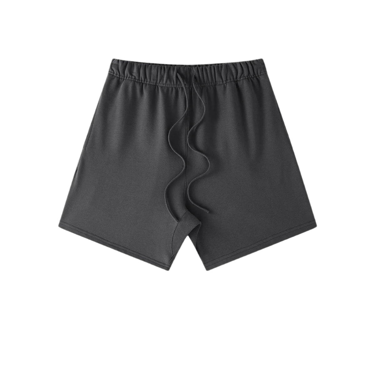 Black cotton shorts with elastic waistband and front drawstring ties, displayed against white background