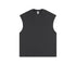Black oversized sleeveless muscle tee with crew neckline and manufacturer's tag visible, displayed flat against white background