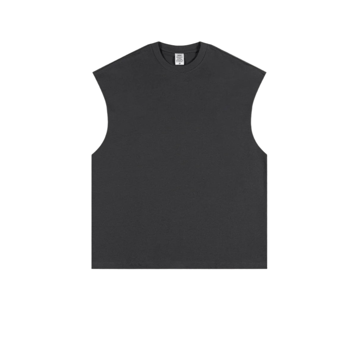 Black oversized sleeveless muscle tee with crew neckline and manufacturer's tag visible, displayed flat against white background