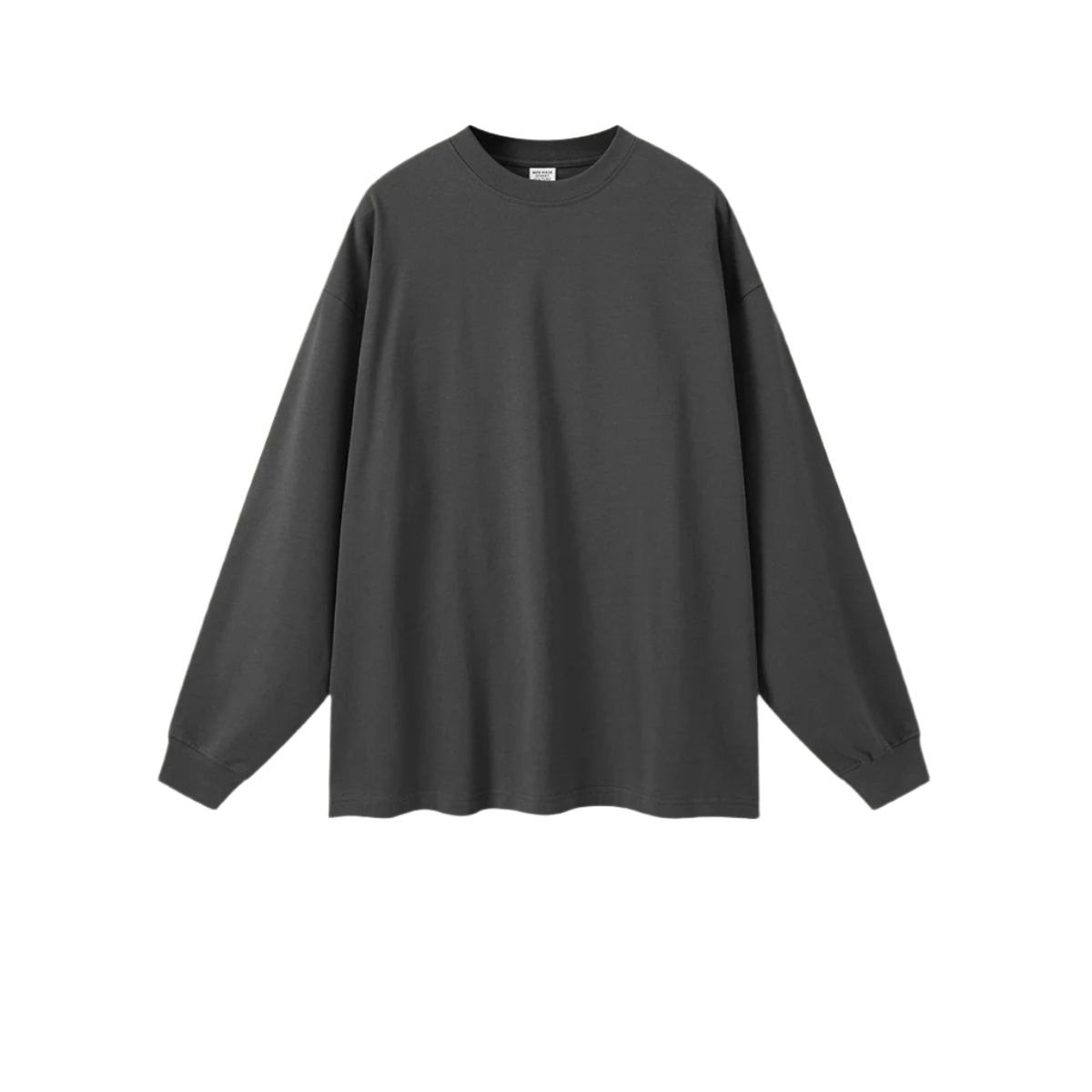 Charcoal gray oversized long sleeve sweatshirt with crew neck and ribbed cuffs on white background