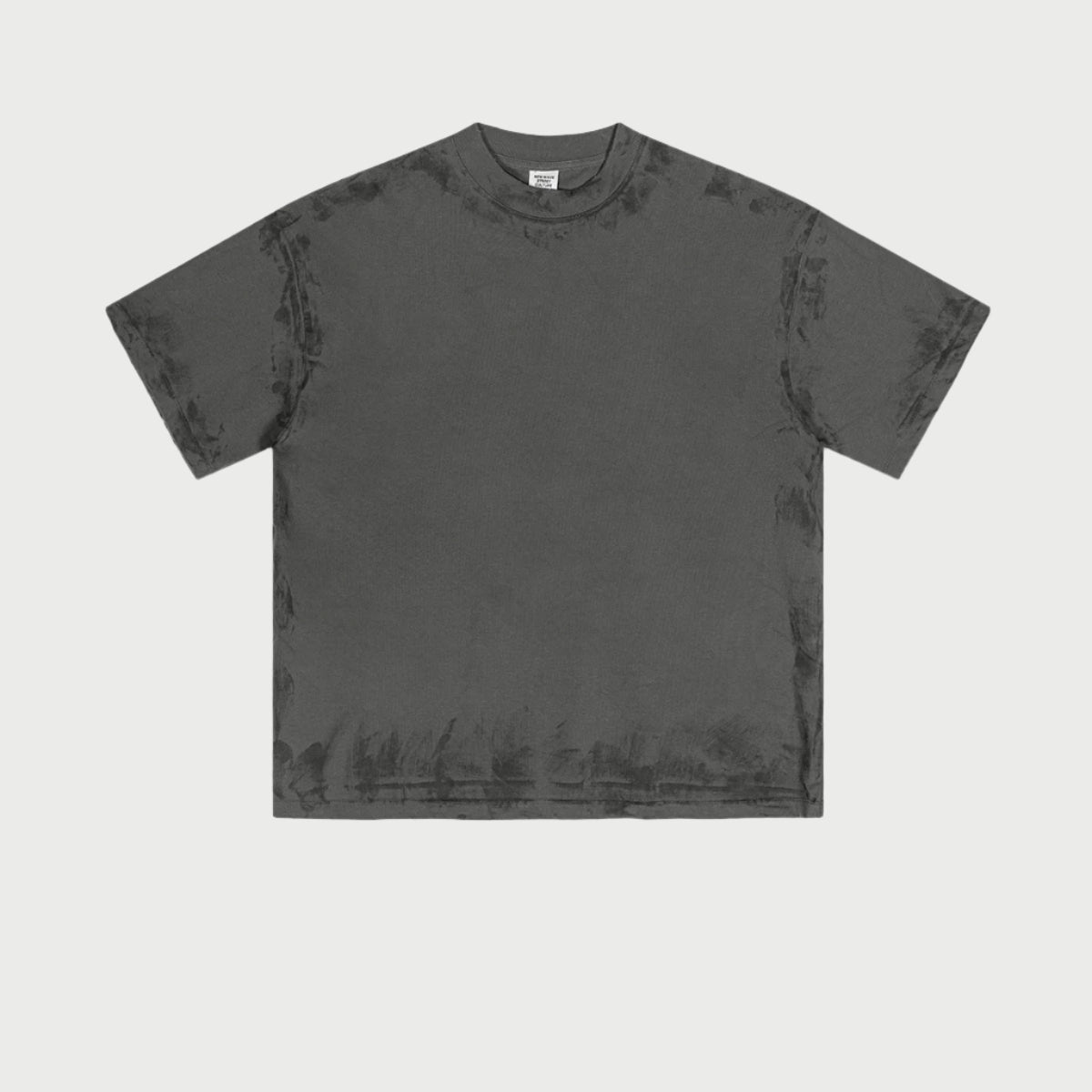 Charcoal grey t-shirt displayed flat with subtle distressed effect and oversized fit. Features standard crew neck and drop shoulders