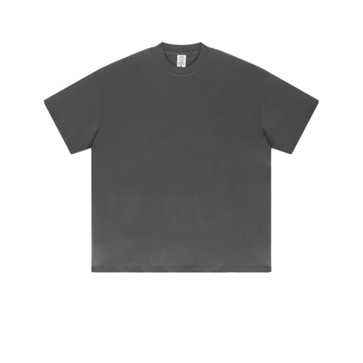 Charcoal gray oversized t-shirt with crew neck and drop shoulder design photographed flat against white background