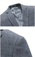 Split image showing gray suit jacket collar detail with silk lining and shoulder construction showing quality tailoring