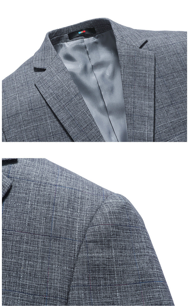 Split image showing gray suit jacket collar detail with silk lining and shoulder construction showing quality tailoring
