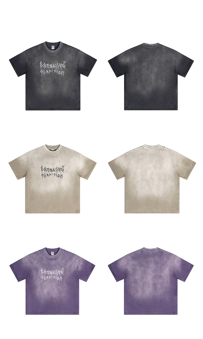 Product layout showing Breaking Tradition tees in gray, beige and purple colorways with front and back views