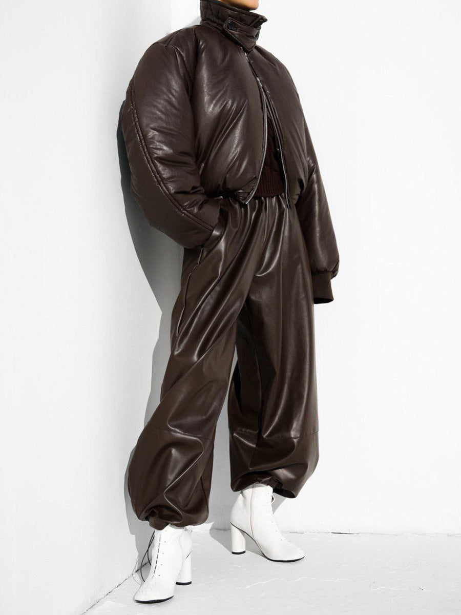 Brown PU leather pants with matching jacket outfit