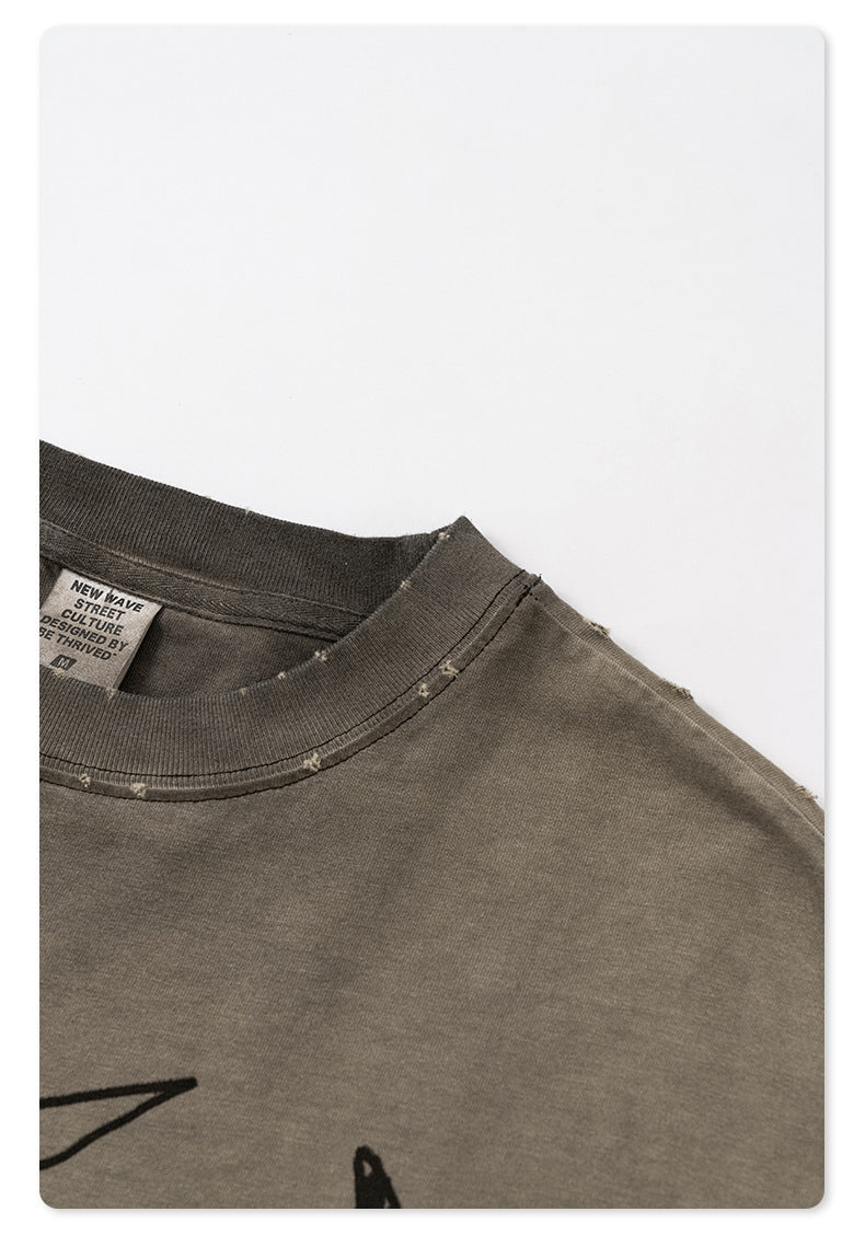 Close-up of t-shirt neckline showing distressed ribbed collar with 'NEW WAVE STREET CULTURE' brand tag