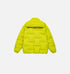 Product shots of yellow puffer jacket showing front and back logo detail
