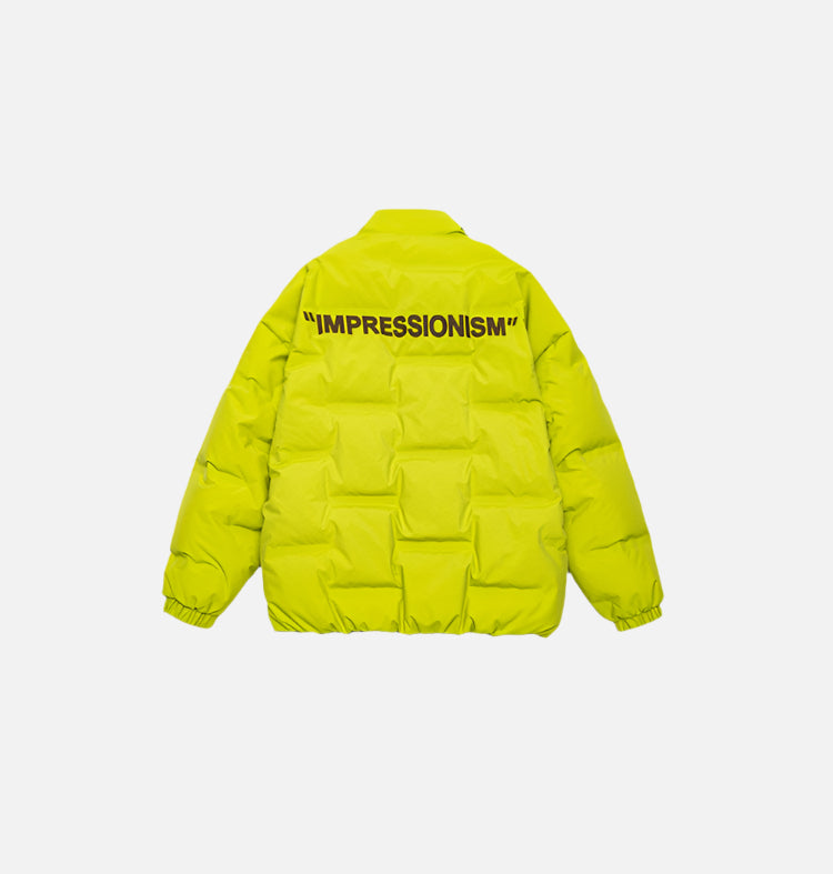 Product shots of yellow puffer jacket showing front and back logo detail