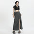 Dark gray maxi skirt with high slit paired with black velvet crop top, shown with chunky platform sandals