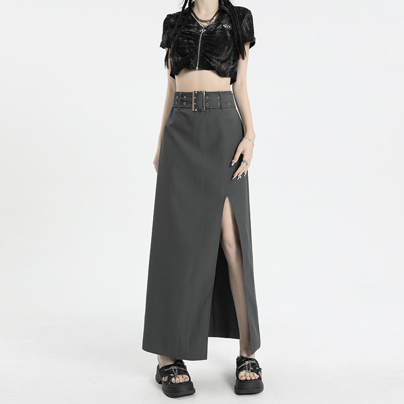 Gray high-waisted maxi skirt with belt detail and side slit, paired with black velvet crop top on white background
