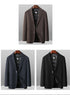 Collection of men's wool blazers in brown, navy and black colors, all featuring the DOWN FILLER sheep logo label
