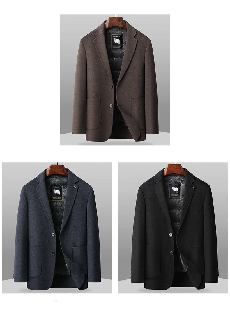 Collection of men's wool blazers in brown, navy and black colors, all featuring the DOWN FILLER sheep logo label