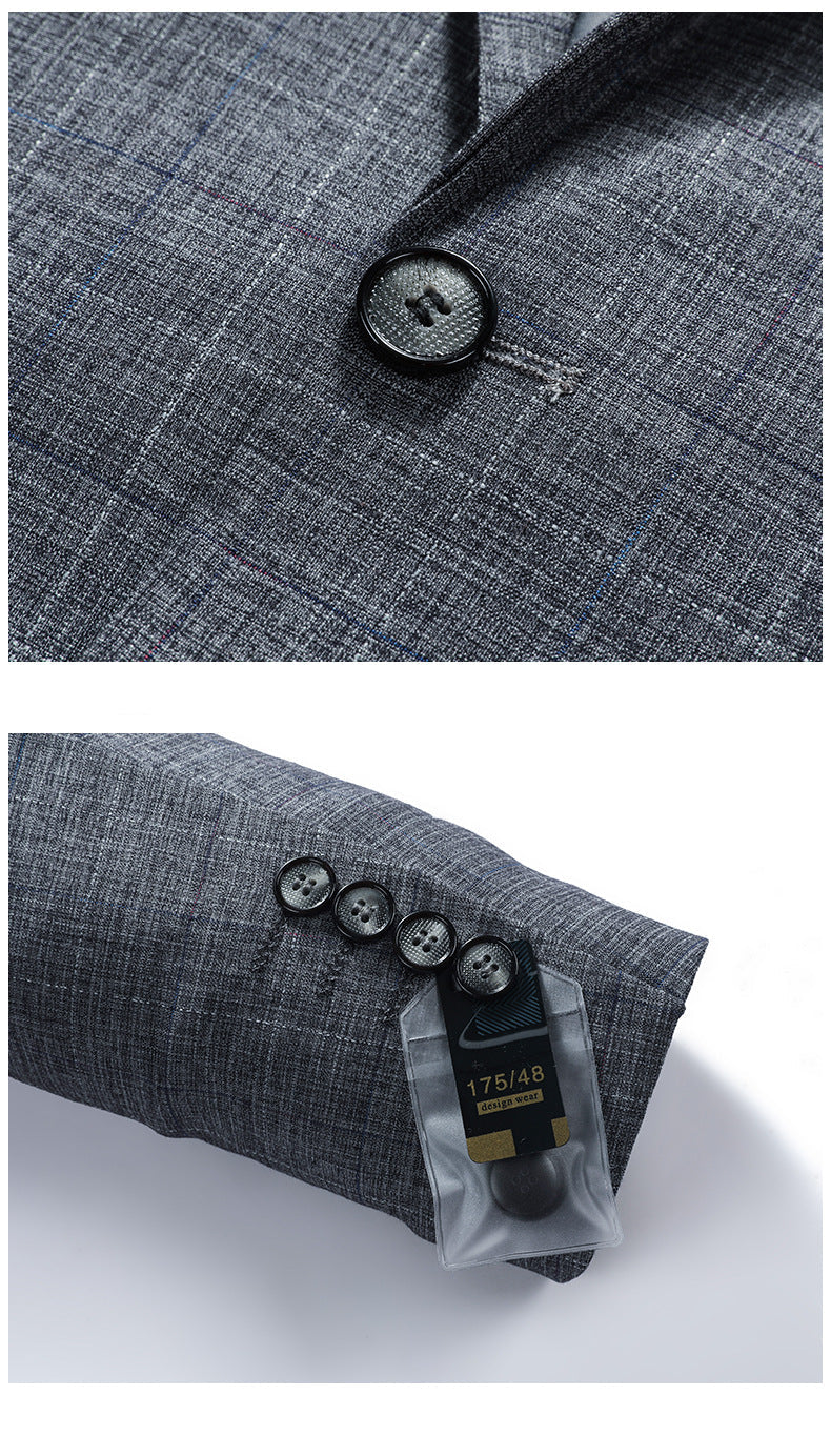 Split image showing close-up of black button detail on gray wool suit fabric and functional sleeve buttons with size tag