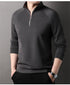 Dark gray quarter-zip pullover sweater with standing collar and silver zipper pull, worn with black pants and wristwatch