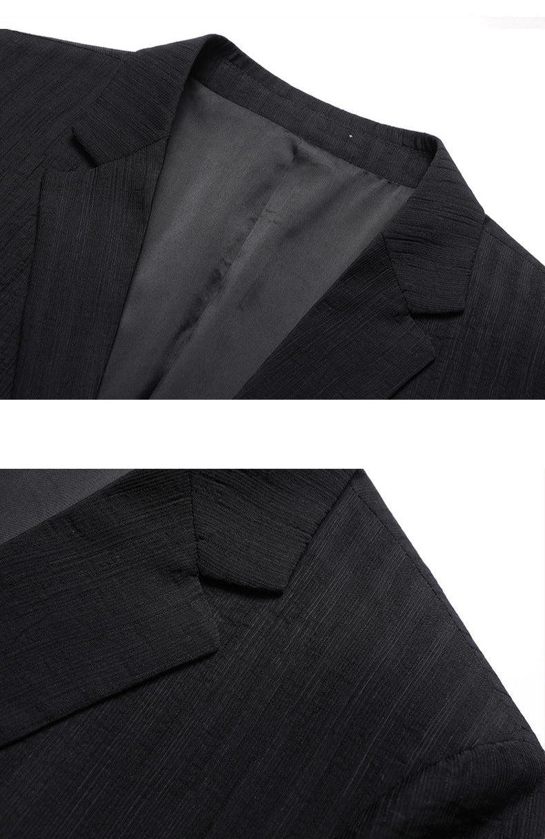 Detail shots of black blazer showing collar construction, satin lining and lapel details with precise stitching