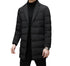 Full-length view of black quilted down coat with tailored lapel and three-button closure