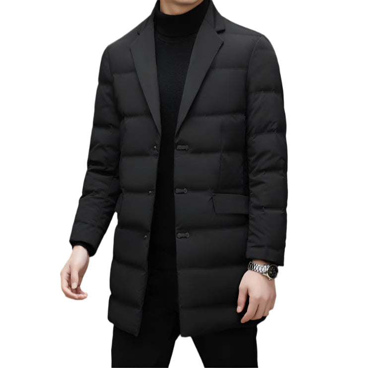 Full-length view of black quilted down coat with tailored lapel and three-button closure