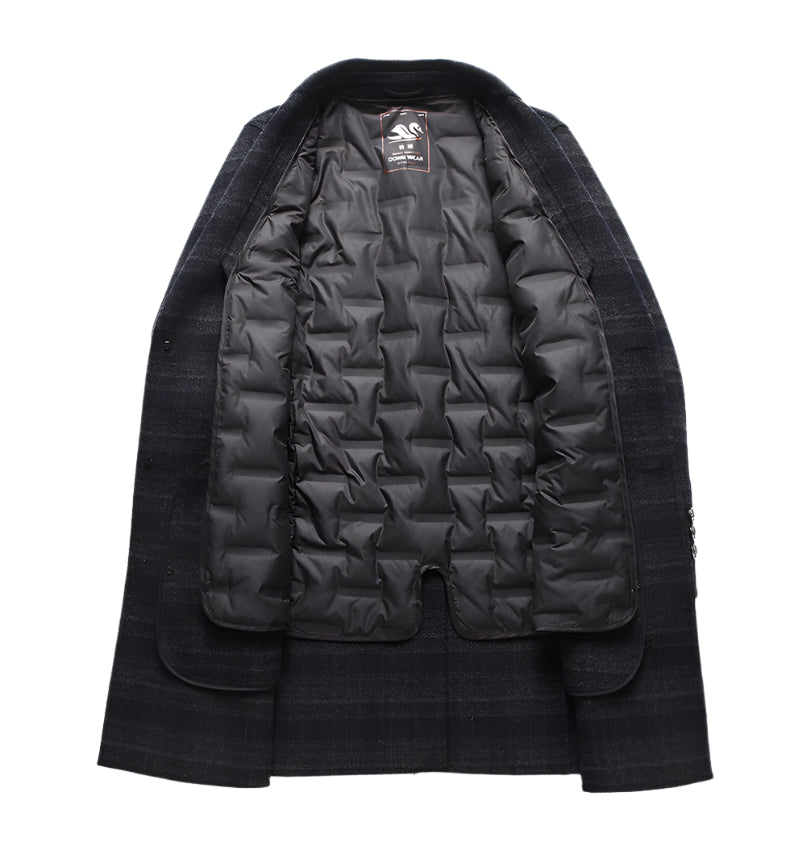 Inside view of the coat, showcasing the detachable quilted down liner