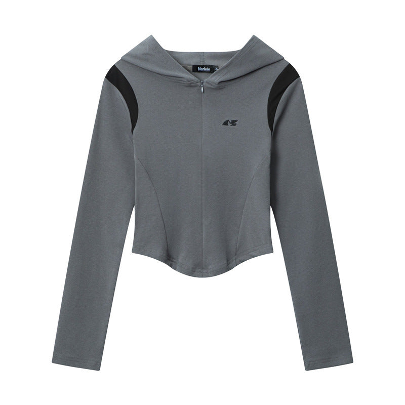 A gray cropped zip-up athletic hoodie with black shoulder panels and curved hem, displayed flat against white background