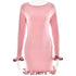 Light pink long-sleeve mini dress with brown contrast ruffle trim on display, showing fitted silhouette