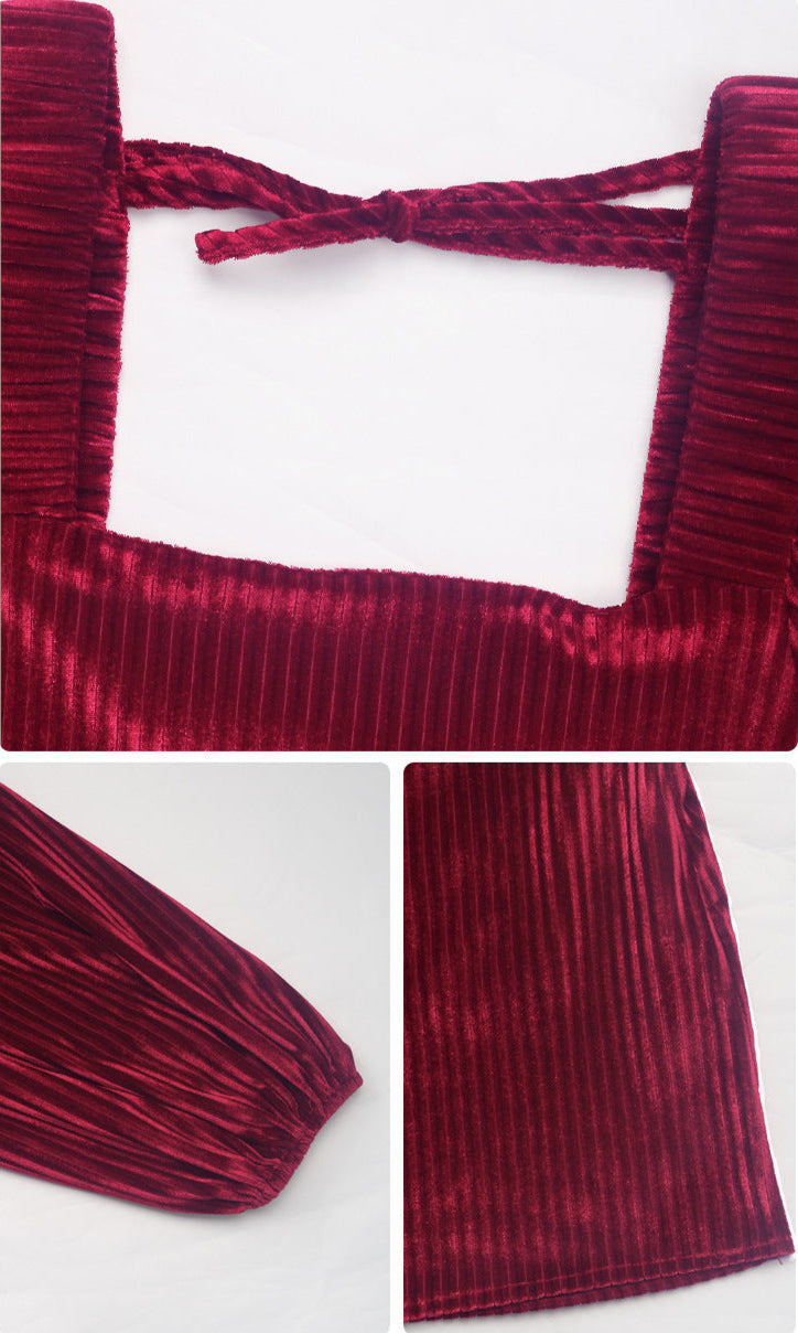 Detail shots of burgundy ribbed velvet dress showing tie back closure and textured fabric with pleated design elements
