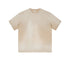 Beige cotton t-shirt with crew neck and short sleeves displayed against light gray background