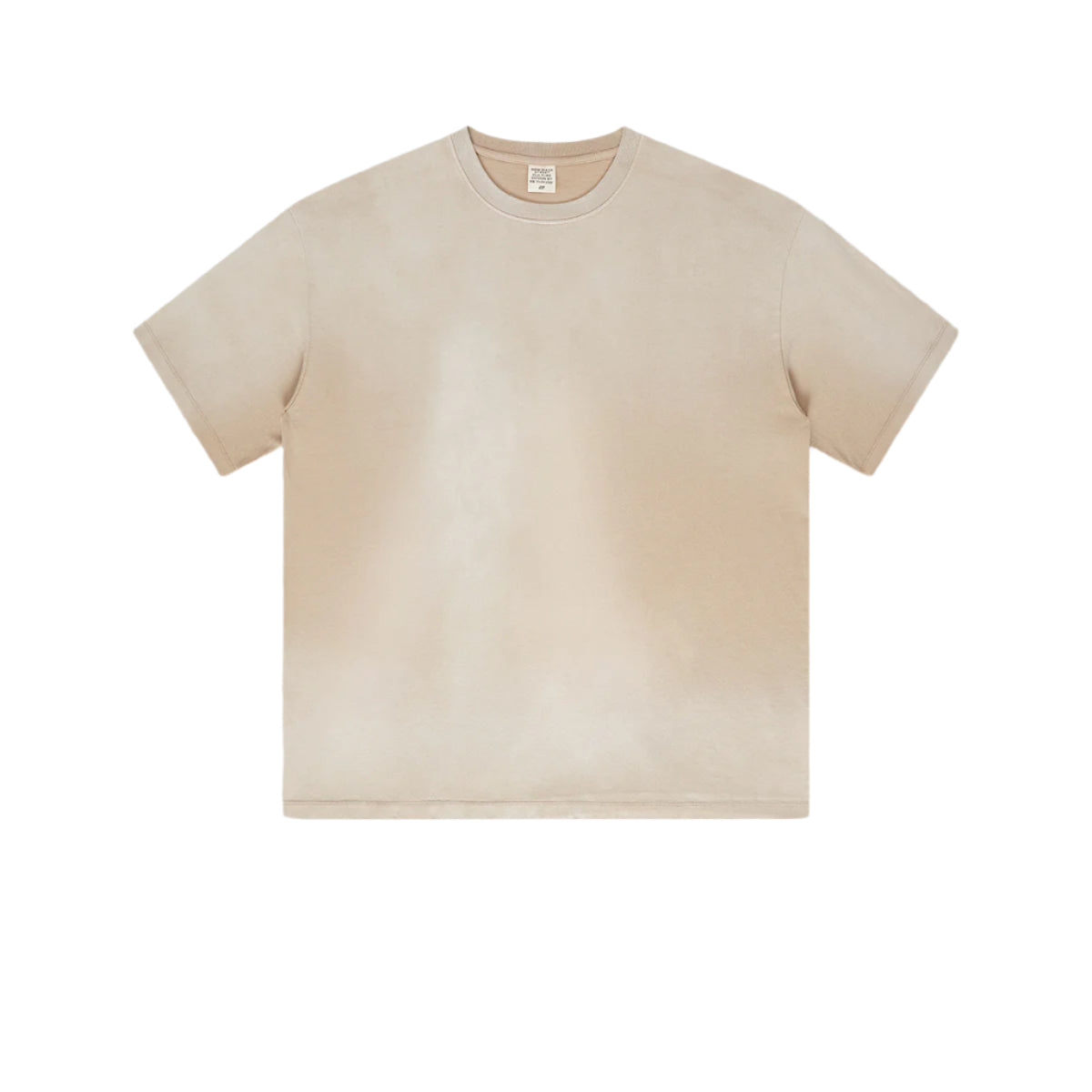 Beige cotton t-shirt with crew neck and short sleeves displayed against light gray background