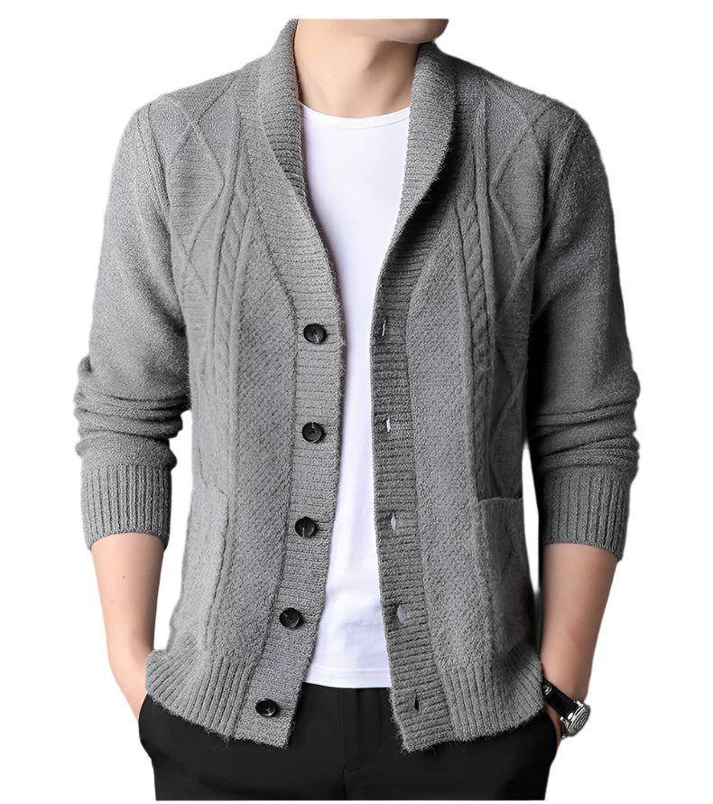 Light gray wool-blend cardigan featuring cable knit texture, black button closure, and ribbed collar displayed on mannequin with contrasting black pants