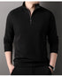 Black quarter-zip pullover sweater with standing collar and raglan sleeves shown against gray background