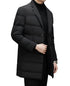 Side view of black down blazer coat with quilted panels and structured tailoring