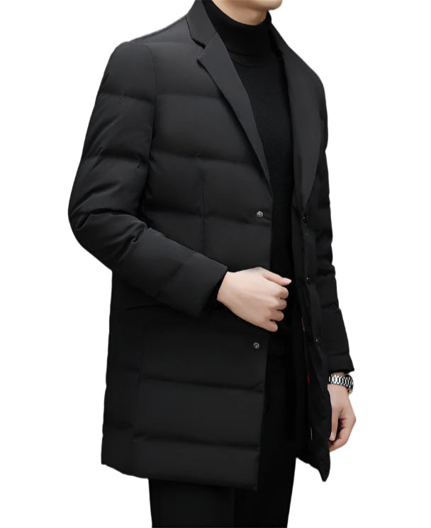 Side view of black down blazer coat with quilted panels and structured tailoring