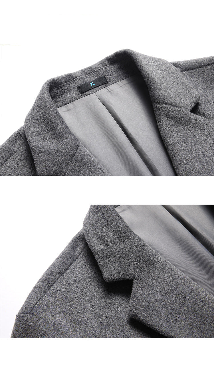 Interior collar details of the gray blazer showing the XL size tag and gray lining