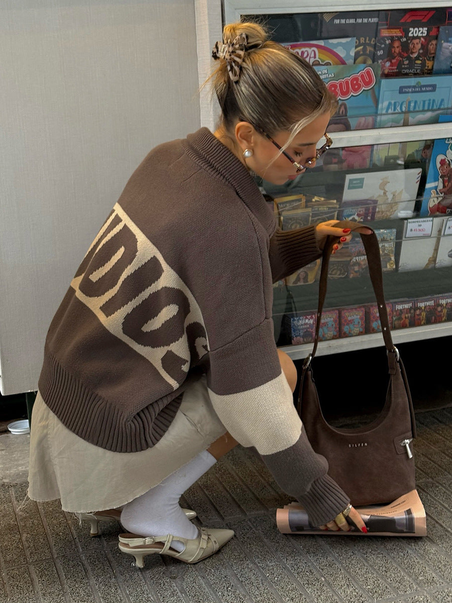 Retro Jacquard Letter Zip Up Sweater – Sporty Colorblock Knit Cardigan