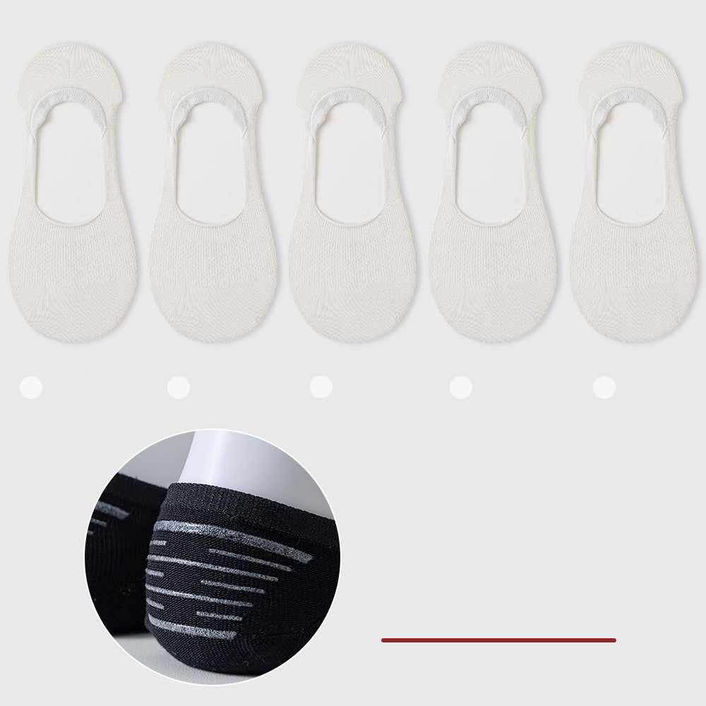 Set of five white no-show socks with matching color indicators. Anti-slip grip detail shown in circular inset below