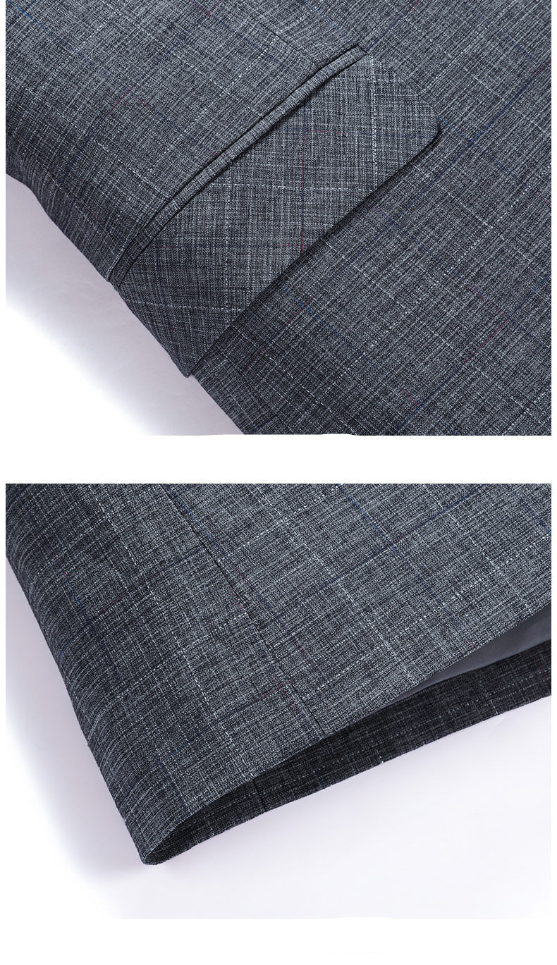 Split image of gray wool suit jacket showing flap pocket detail and hem construction with clean finishing