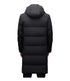 Back view of a black long puffer coat with horizontal quilting and an attached hood, displayed against a neutral background