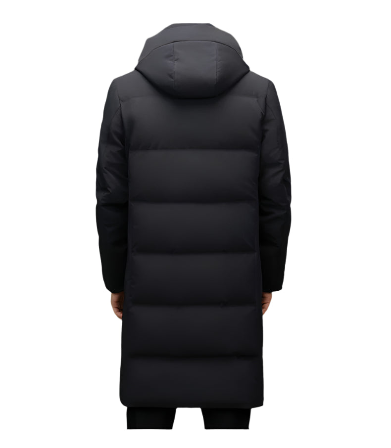 Back view of a black long puffer coat with horizontal quilting and an attached hood, displayed against a neutral background