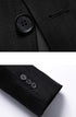 Close-up details of black textured blazer showing button and buttonhole craftsmanship and three-button functional cuff design