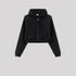 Black cropped zip hoodie with front pocket against gray background. Features silver zipper and ribbed hem