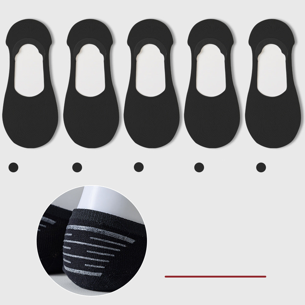 Five black no-show socks with knit texture, displayed with matching color dots and grip detail inset below