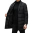 Black quilted coat shown opened, revealing interior lining and clean front closure design
