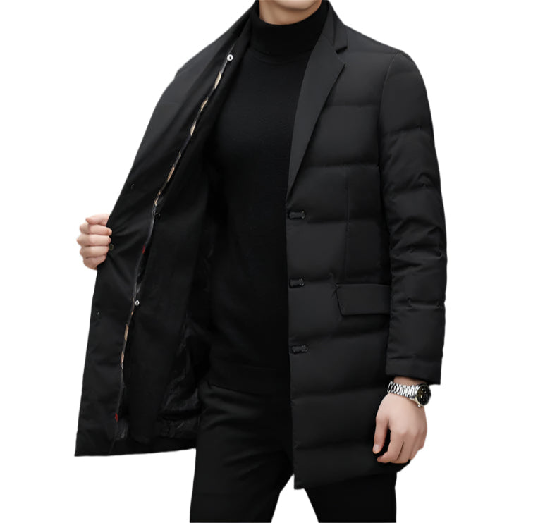 Black quilted coat shown opened, revealing interior lining and clean front closure design
