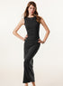 Female model in a dark grey ribbed bodycon maxi dress, styled with a silver necklace for a chic, minimalist look.