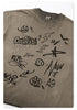 Close-up of graffiti print featuring skull, lightning bolt, and 'Graffiti' text graphics on taupe cotton tee