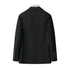 Back view of black wool blazer showing tailored construction with striped collar detail
