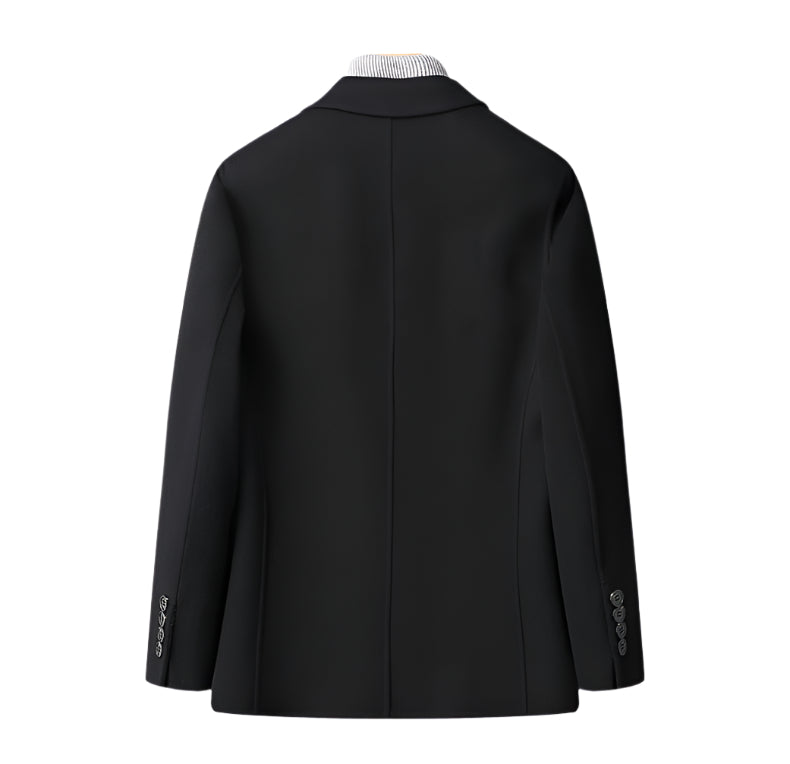 Back view of black wool blazer showing tailored construction with striped collar detail