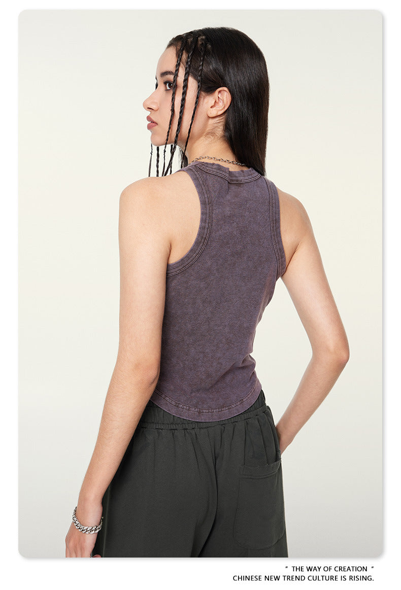 Back view of grape purple tank top showing racerback design
