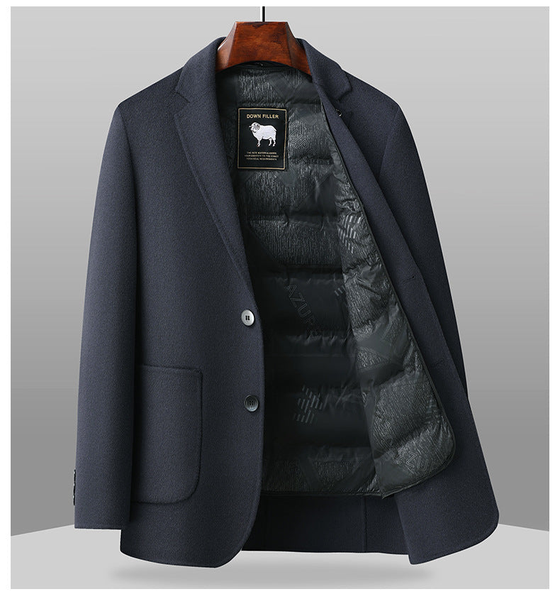 Navy wool blazer with interior open to display black quilted down lining and DOWN FILLER sheep logo tag